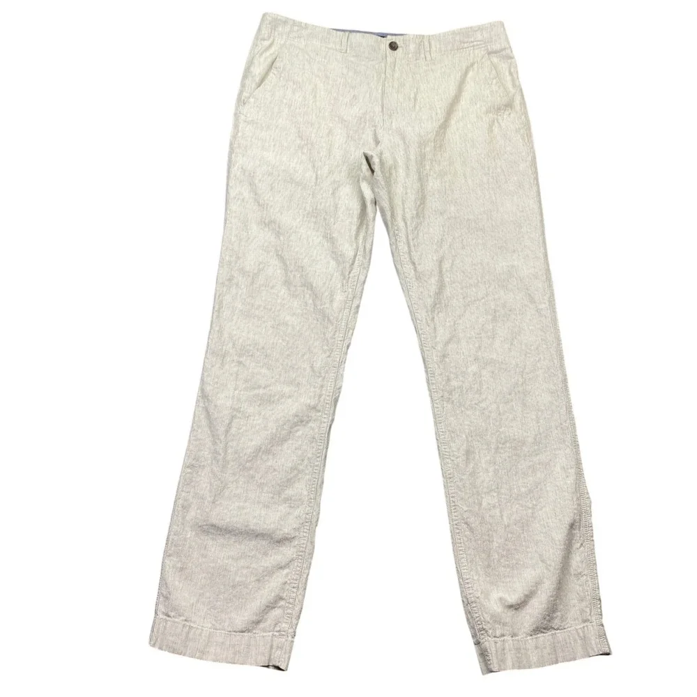 Banana Republic Mens Sz 35 Linen Cotton Pinstripe Pants Cream Tan Straight Leg